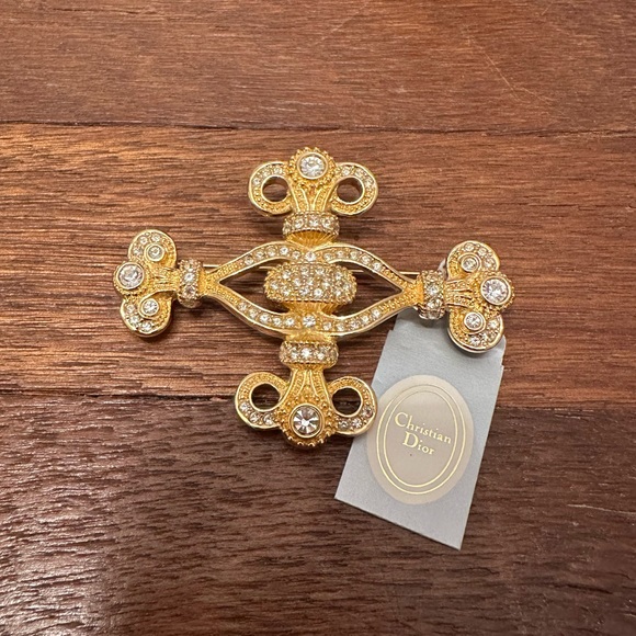 Vintage Christian Dior Gold Crystal Cross Brooch Signed Chr Dior Statement - Picture 2 of 7
